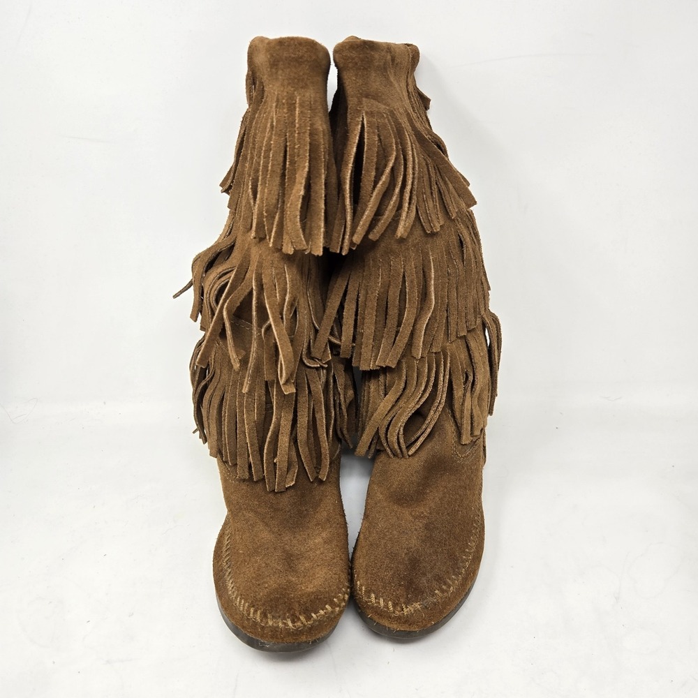 MINNETONKA Women's Size 8M Shoes Brown Suede 3 Layer Fringe Moccasin Boots Boho - Picture 2 of 7